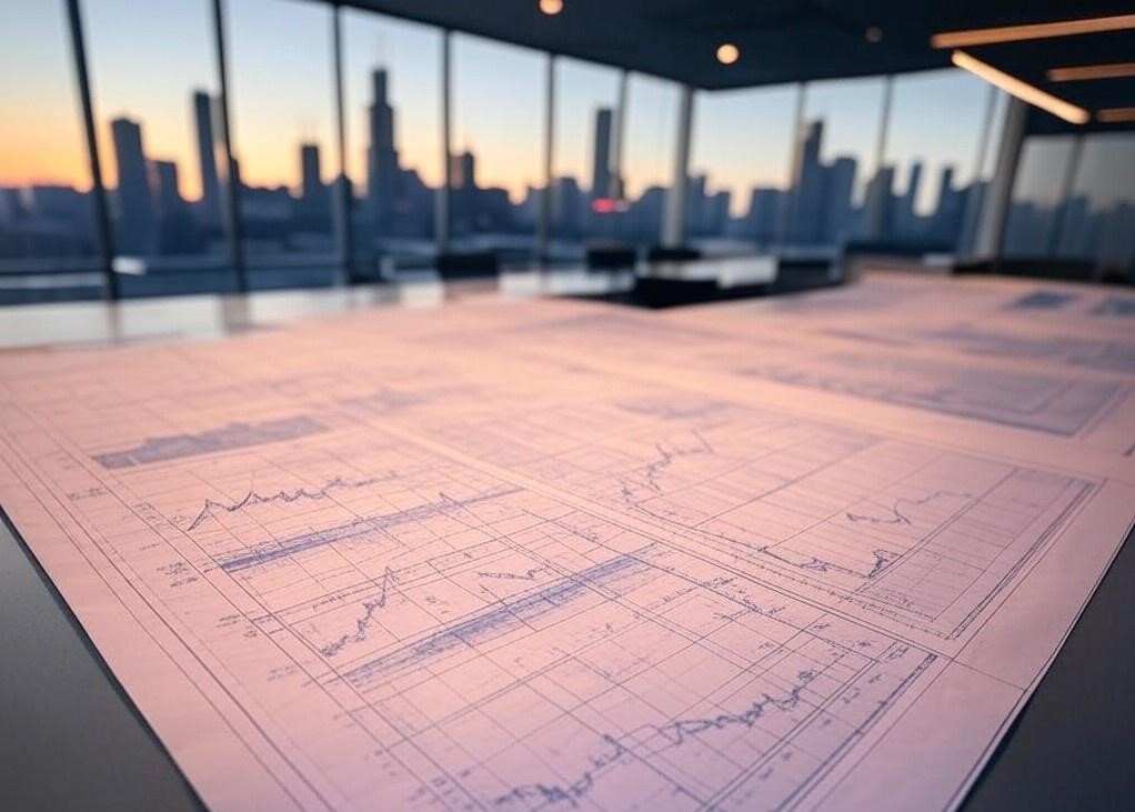 A paper with financial graphs in a room with open windows and the Chicago skyline beyond it.